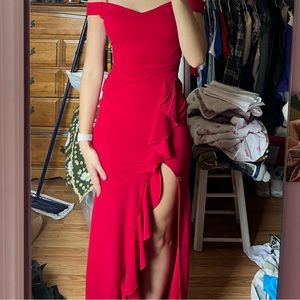 red ruffle off the shoulder slit prom dress